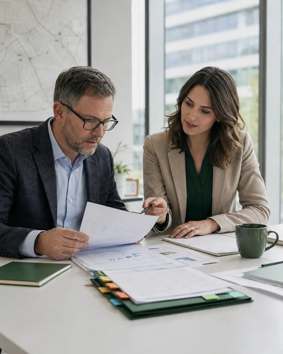 Two business professionals organizing commercial energy accounts and documents