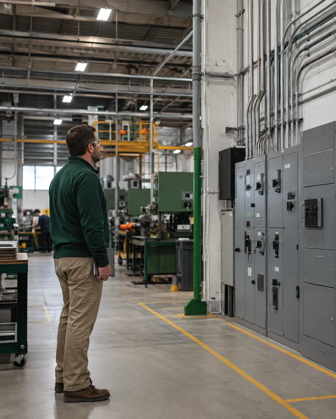 Operations professional reviewing electrical infrastructure inside a manufacturing facility