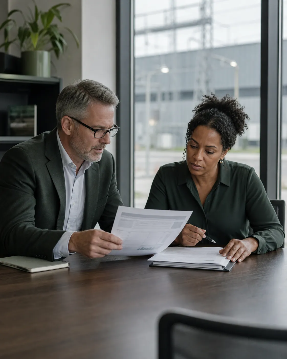 Two business professionals reviewing commercial electricity documents